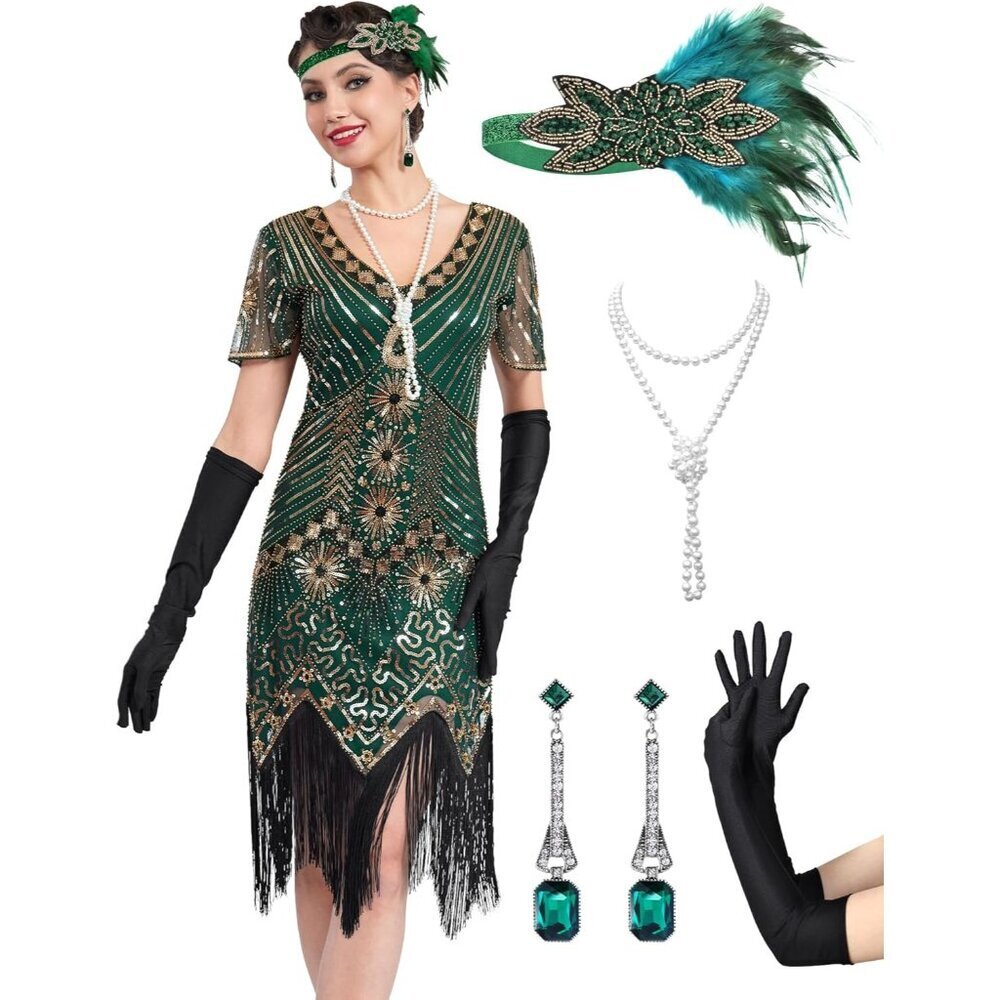 1920s Flapper Dress Sheer Beaded Sleeves Costume Party Vintage